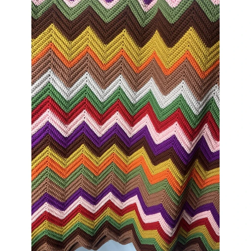 Afghan Crochet Blanket Chevron Zig Zag Multi Color Blanket 48
